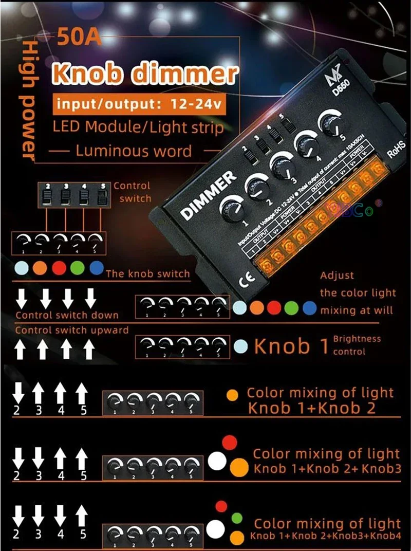 Description Picture 4 of itemRGBW RGBWW LED Dimmer knob dimming Switch 12V-24V 10A*5CH 5 channels Controller D550 for RGBW RGBWW led strip Light,module