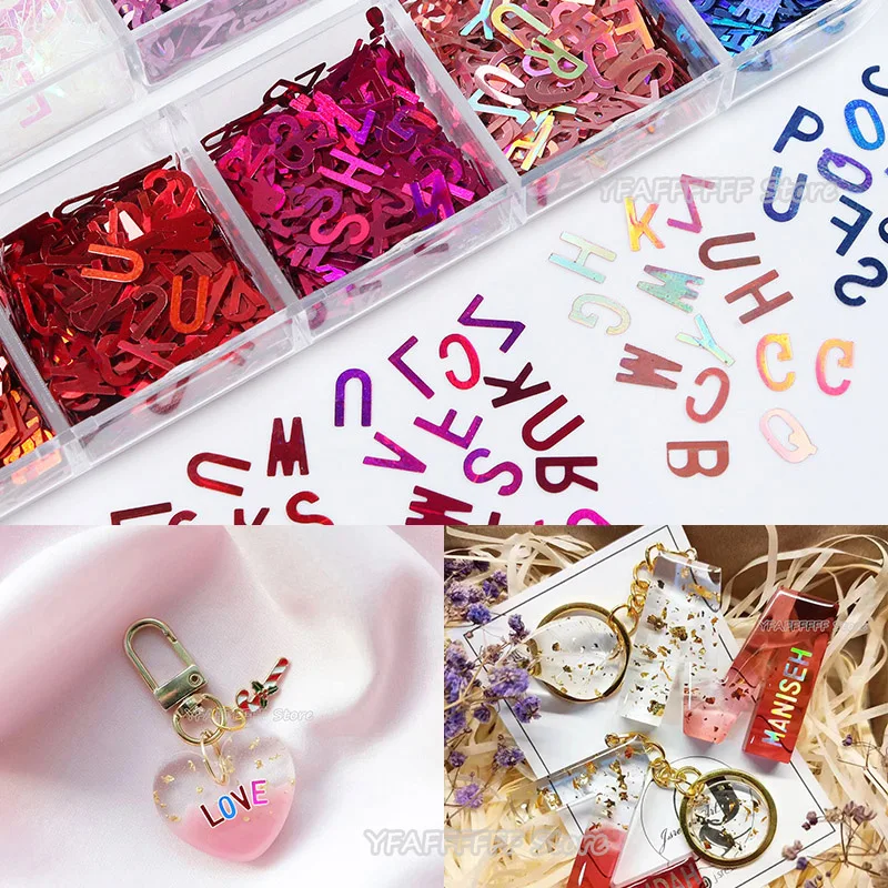 12Grids Holographische Glitter Englisch Alphabet Flakes Für Epoxy Harz