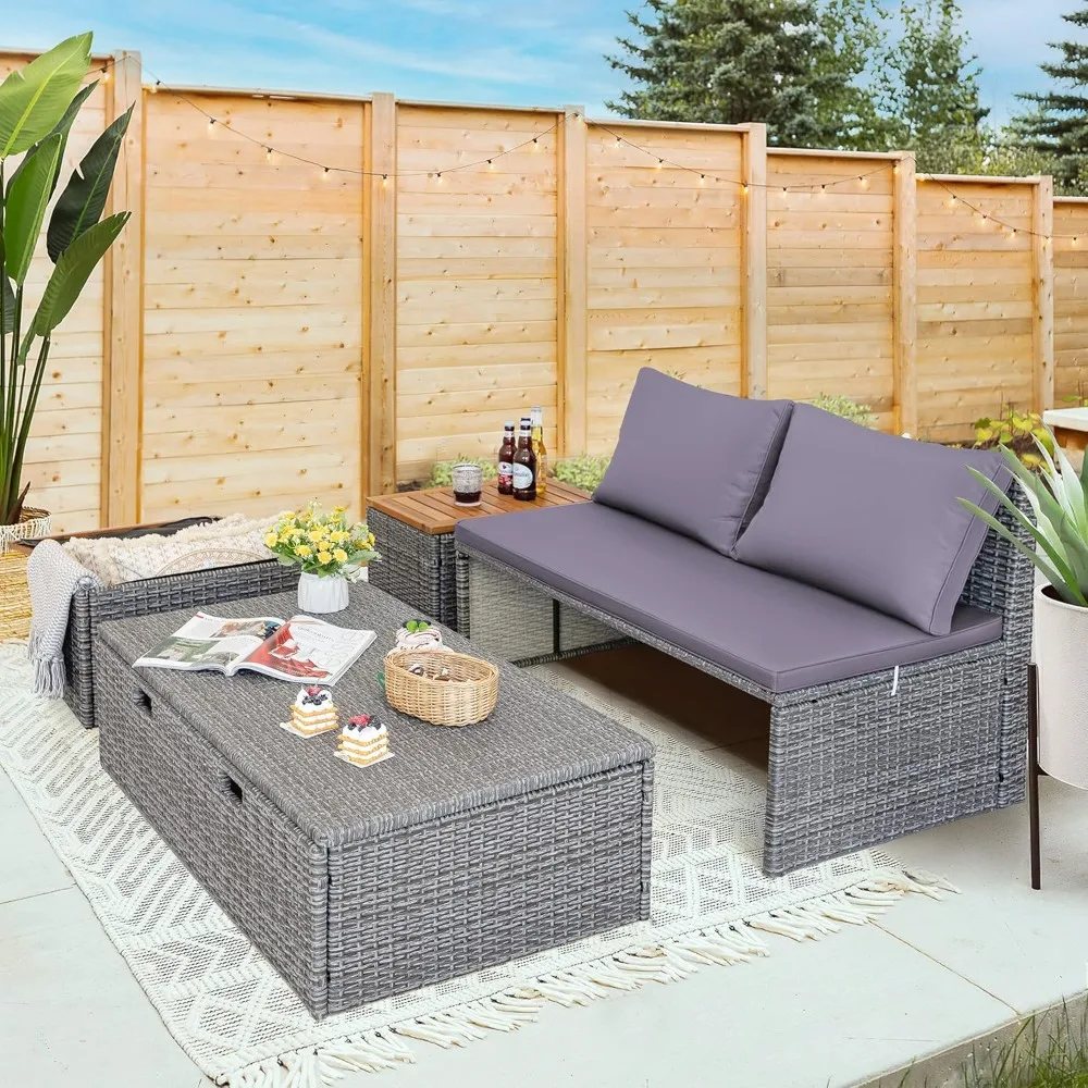 Patio Day Bed with 2 Side Tables Outdoor Daybed Set MultifunctionalRattan Lounge Bed for Backyard Porch Poolside Lawn Bea 2