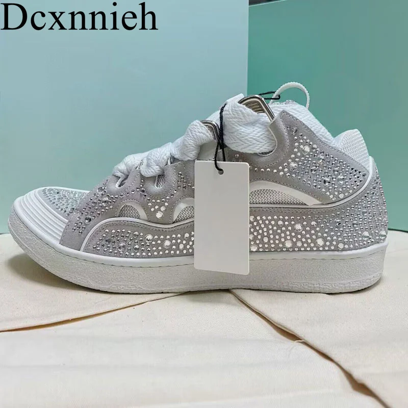 

Rhinestone Decor Lace Up Breathable Flat Walking Shoes Mixed Color Thick Heels Daddy Shoes Spring Autumn Unisex Casual Shoes