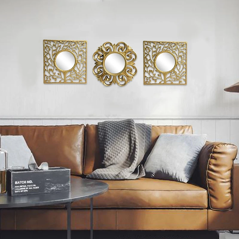 Wall Mirrors 1/3pcs Nordic Vintage Background Living Room Background Bedroom Golden Hanging Mirror Round Square Mirror Sets Wall Decorations