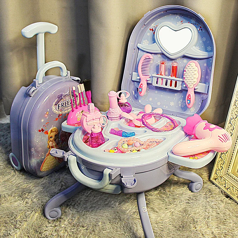 3 in 1 Kids Makeup Toy Set Girls Cosmetics Cosplay Princess Dresser Lipstick Pretend Toy Suitcase Toy Birthday Gift 2