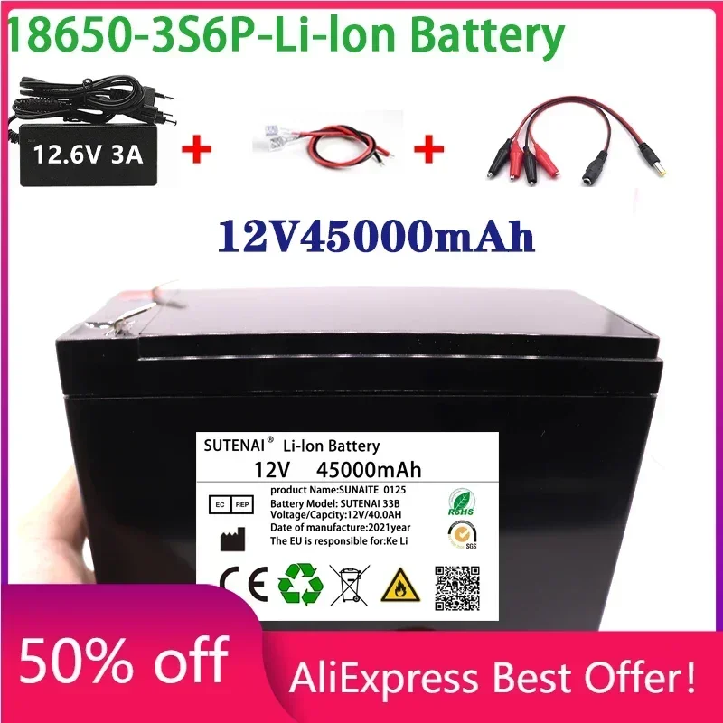 

NEW 12V 45Ah 18650 lithium battery pack 3S6P built-in high current 40A Solar street lamp, xenon lamp, backup power supply, LED