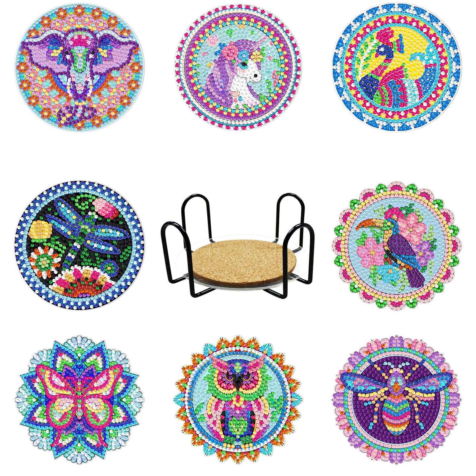 8pcs DIY Diamond Painting Coaster With Holder Animal Pattern Drink Cup  Cushion Non-slip Table Placemat Insulation Pad Home Decor