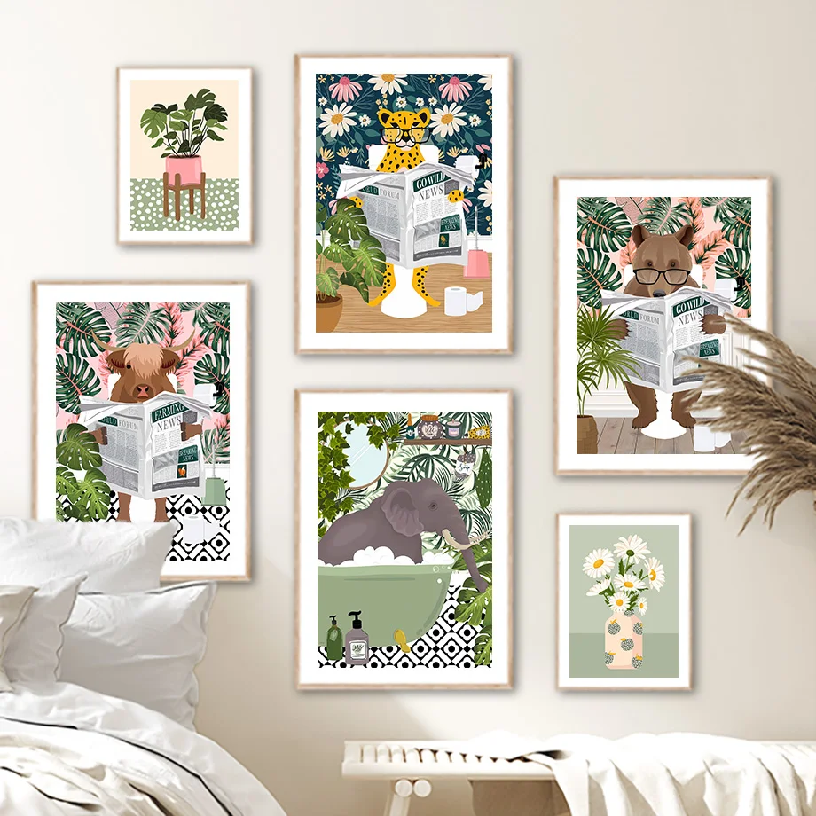 Animal On Toilet Fun Bagno Bagno Poster E Stampa Tiger Elephant Zebra Leopard Wolf Wall Art Canvas Painting Kids Room Decor