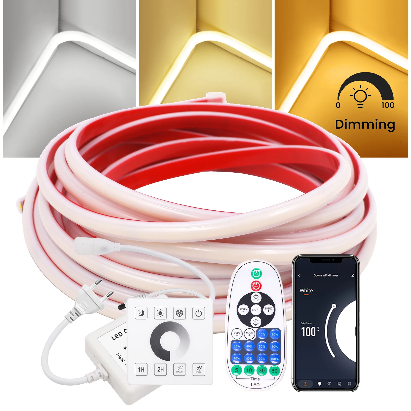 WIFI/Bluetooth/Touch Dimmerable 220V COB Neon Light Waterproof 10CM Cut Self Adhesive Garden Home Decor Ribbon Chain LED Light