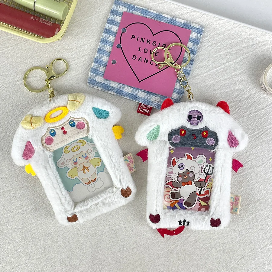Animal plush card sleeve cute angel devil lamb ID card bag photo show couple pendant 2