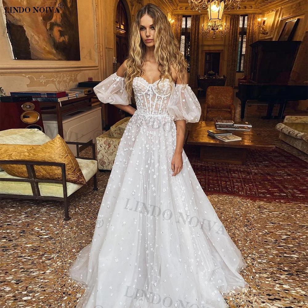 

LINDO NOIVA Boho Lace Appliques Wedding Dresses with 3D Flowers 2023 Puff Sleeves Sexy Bridal Gown Floor Length Robe De Mariee