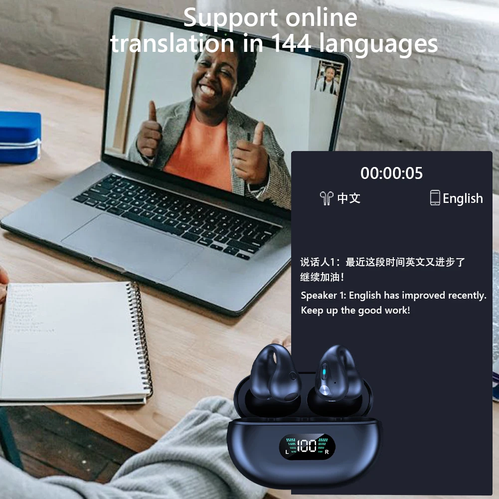Wireless AI Translators Headphones Smart Language Translation Ear Clips Bluetooth 5.4 144 Languages Real-time Translator Earbuds
