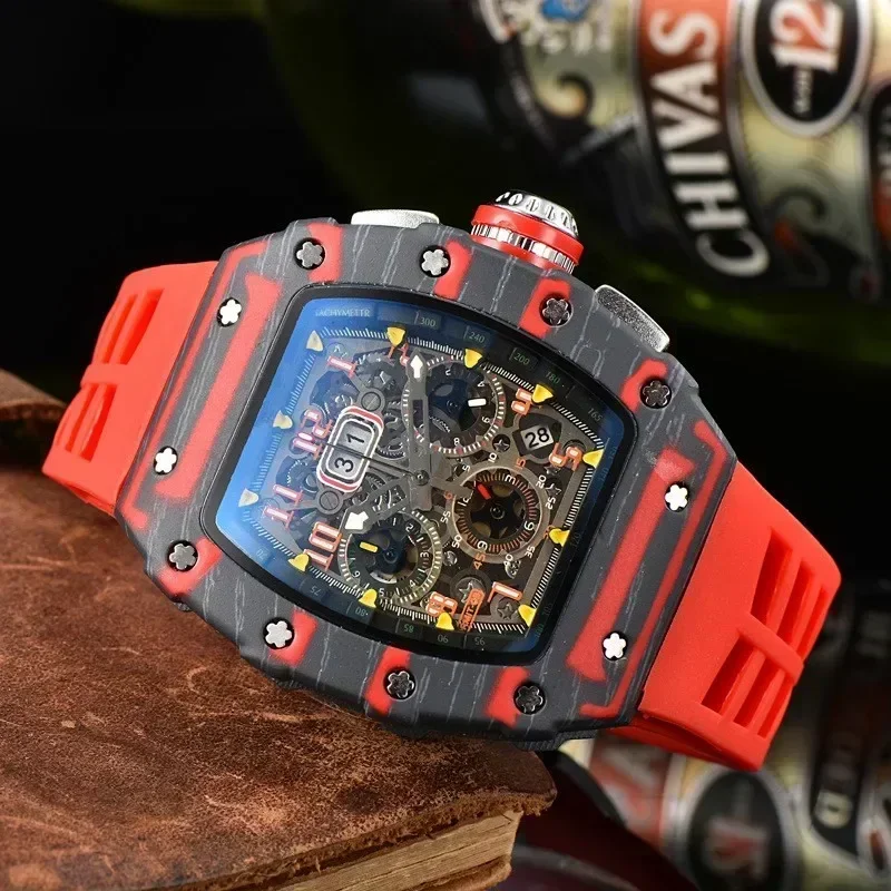 

Top Luxury Graffiti Men's Wristwatch Carbon Fiber Printed 6-pin Run Second Watch Wine Barrel Shaped RM Couple Watch