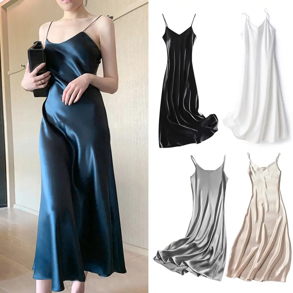 

Summer Midi Dress Charming Smooth Surface Summer Evening Dress Silky Nightdress Strappy Dress Lady Clothing