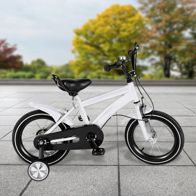 Vélo pour enfants avec roues d'entraînement de sécurité, pneus en caoutchouc de 14 pouces, siège en PU réglable, protection de chaîne, blanc 1