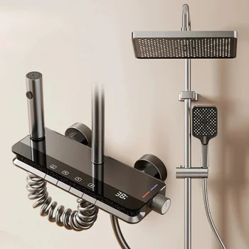 คีย์เปียโนระบบฝักบัวห้องน้ําชุดอ่างอาบน้ําก๊อกน้ําร้อนและเย็น LED Light ดิจิตอลก๊อกน้ําทองเหลืองชุดฝักบัว 8