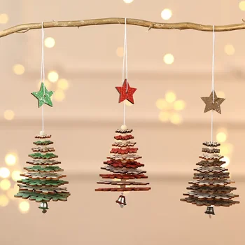 Christmas Small Hanging Wooden Bell Pendant Creative Five Pointed Star Snowflake Christmas Tree Three-dimensional Decoration 2