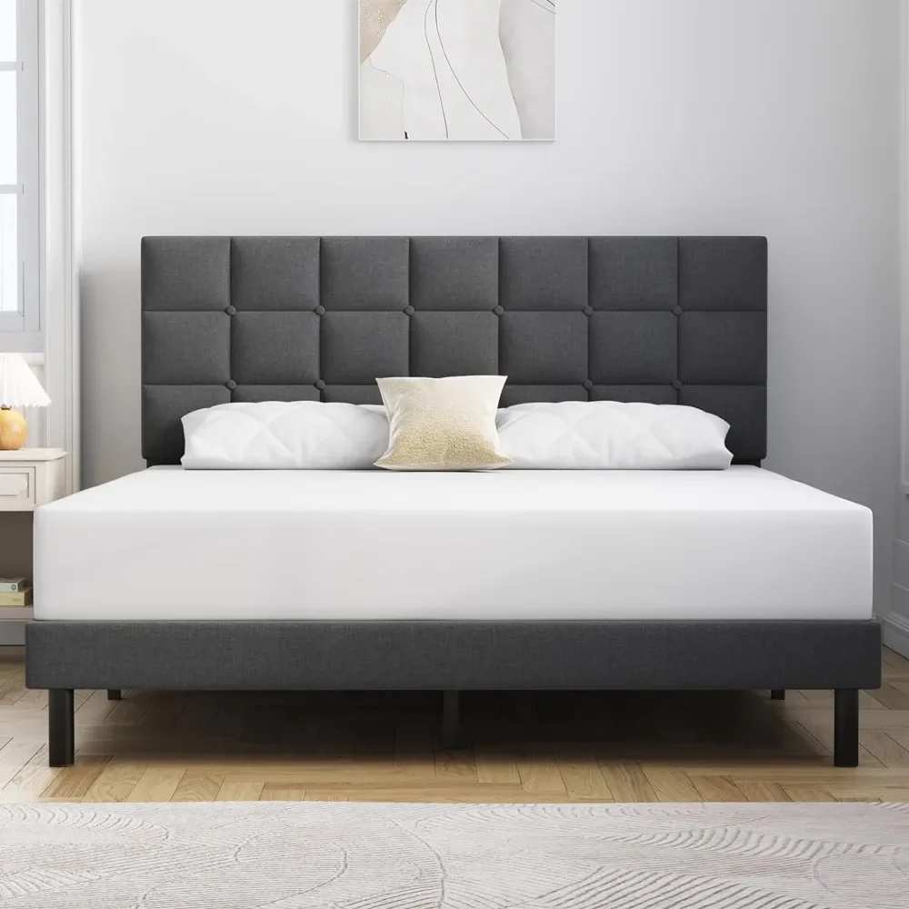 

Large bed frame upholstered platform with headboard and sturdy wooden slats, non-slip and noiseless, no springs required
