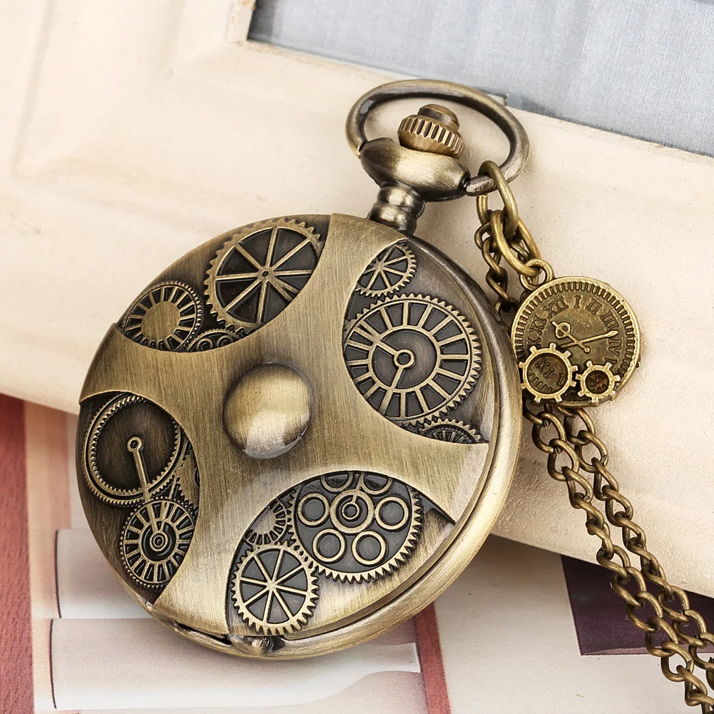 Cross Gear Pattern Bronze Pendant Pocket Watches for Friends Retro