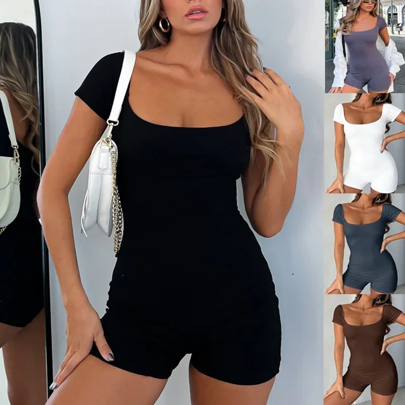 

2024 Women Short Jumpsuit Young Girl Harajuku Short Sleeve Square Neck Solid Slim Fit Summer Playsuit for Daily Party Y2k YDL37