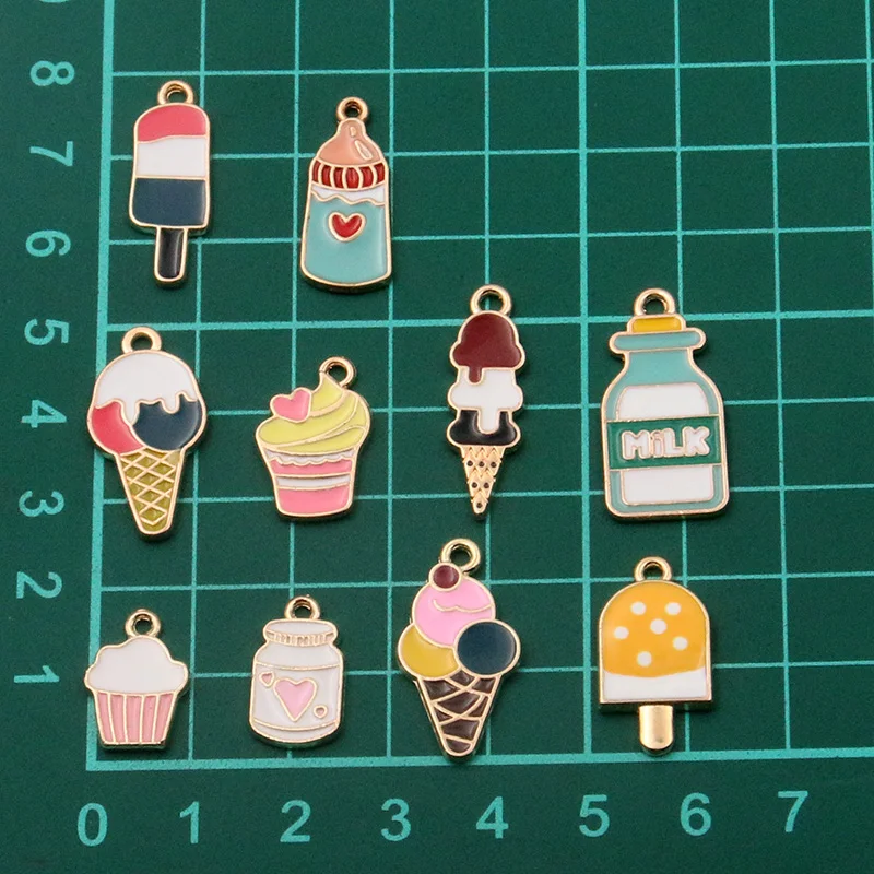 10pcs 10 Styles Mix Color Enamel Cute Food Drink Ice Cream Charms Pendants For Necklaces Handmade DIY Jewelry Making Accessories