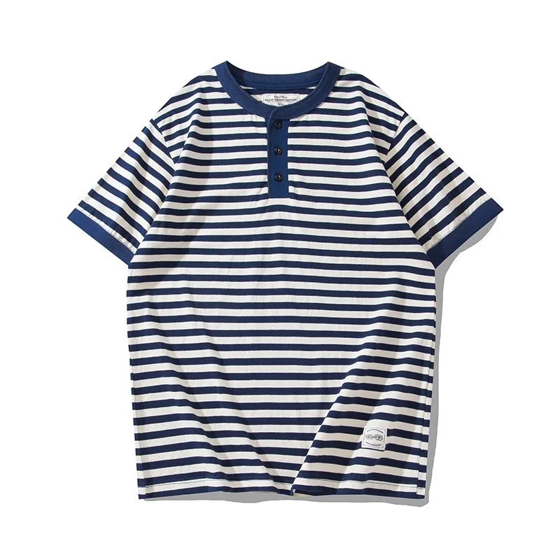 OKONKWO Heavyweight Short Sleeve Striped Henry Neck T-Shirt Deck Sea Soul Shirt Henry Shirt Outdoor Fitness Sports Tops 240g