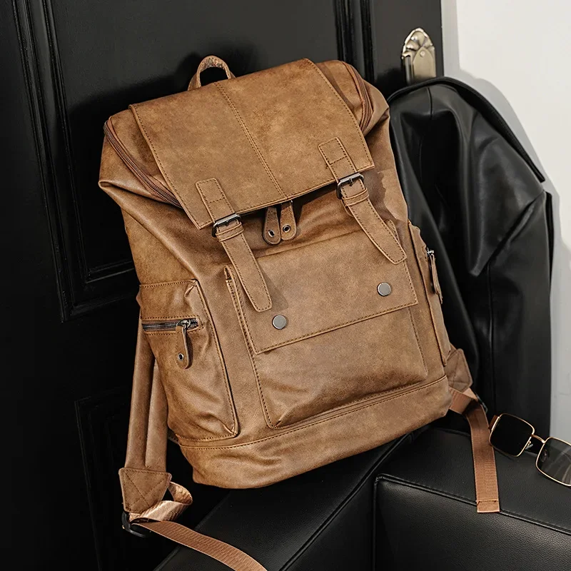 Large Capacity Men's Backpack Leisure Vintage Flip Computer Bag Outdoor Travel Luggage Bag