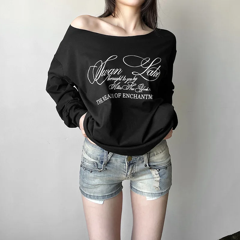 Sisterlinda Tägliche T-Shirts im vielseitigen Stil für Damen, Briefdruck, geneigte Schulter, volle Ärmel, Herbst, lässig, einfache Mode-Tops – Detail 21