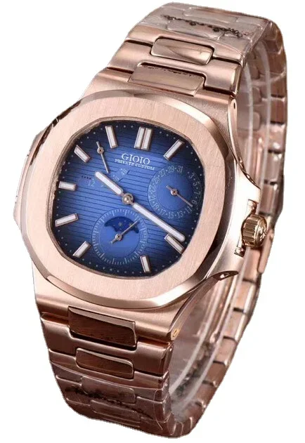 

Luxury New Automatic Mechanical Men Watch Stainless Steel Rose Gold MoonPhase Black Blue Power Watches 5712