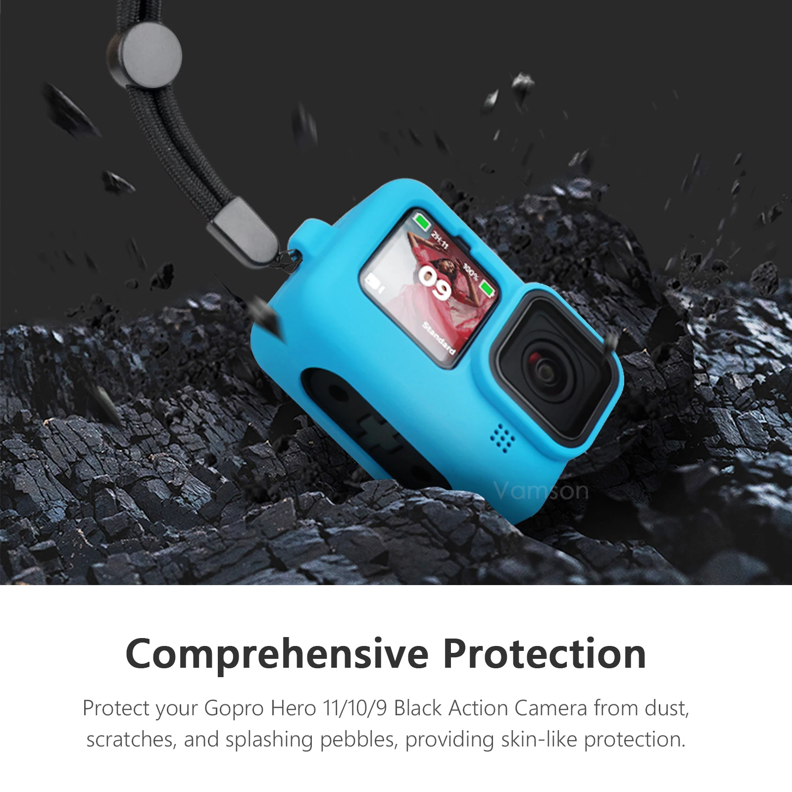 Support universel pour caméra d'action étanche blanc/noir avec une GoPro attachée, montrant sa compatibilité. Achetez un support universel pour caméra d'action - étanche, léger, compatible GoPro.