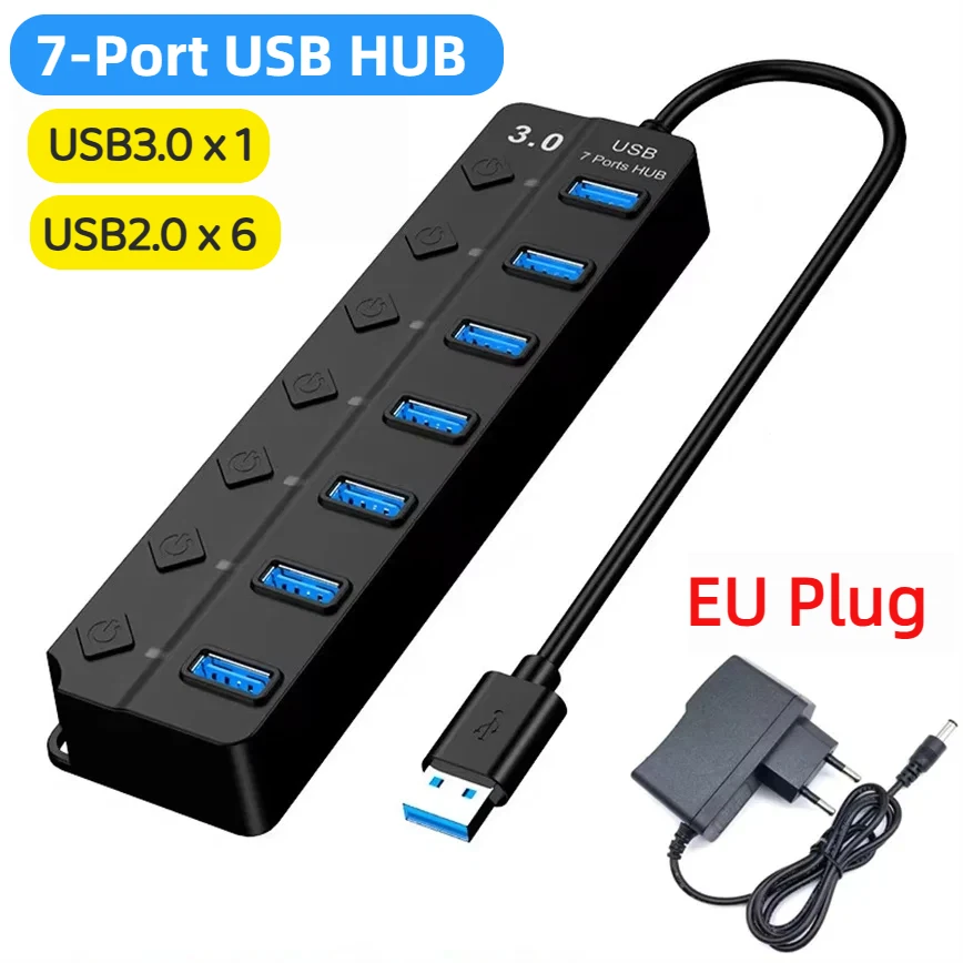 High-Speed 7-Port USB3.0 Hub with Individual Switches and LED Indicators