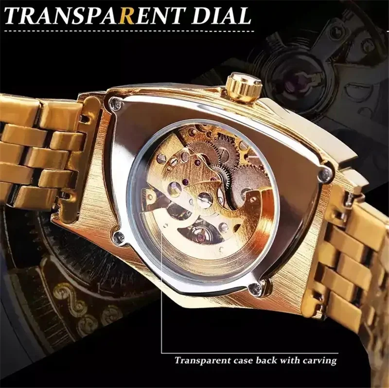FORSINING Men Skeleton Automatic Mechanical Gold Vintage Watch Triangle Wristwatch for men