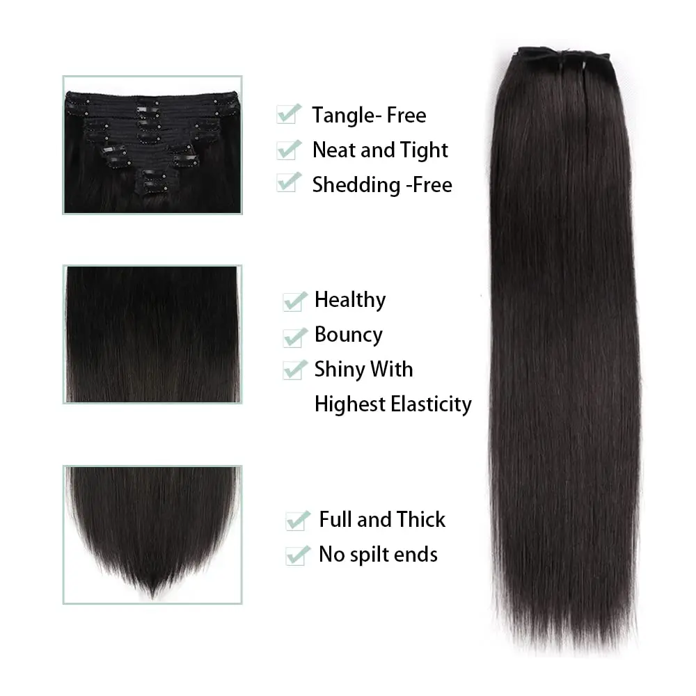 Clip em extensões de cabelo para mulheres, 100% cabelo humano real, natural reto, sem costura, 8 unid, 18 clipes, 120g