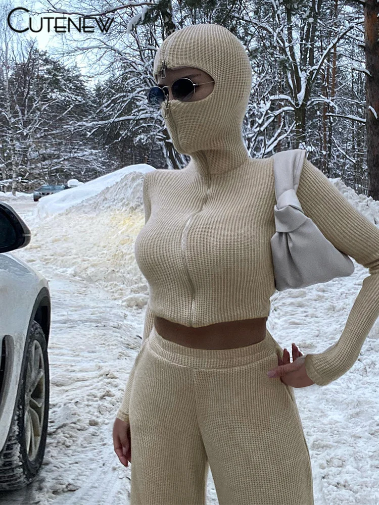 Classic Sporty Women 2Piece Set Concise Autumn Tracksuits Solid Hooded Zip-up Crop Tops+Matching Pants Female Knit Suits