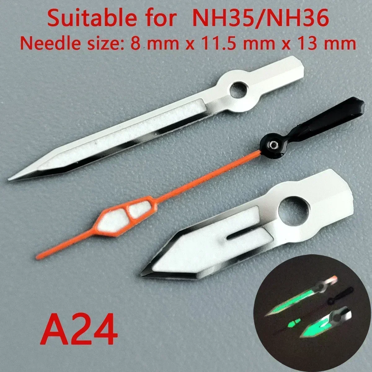 Premium 904L Silver Watch Hands with Green Luminous Accents - Wholesale Watch Accessories