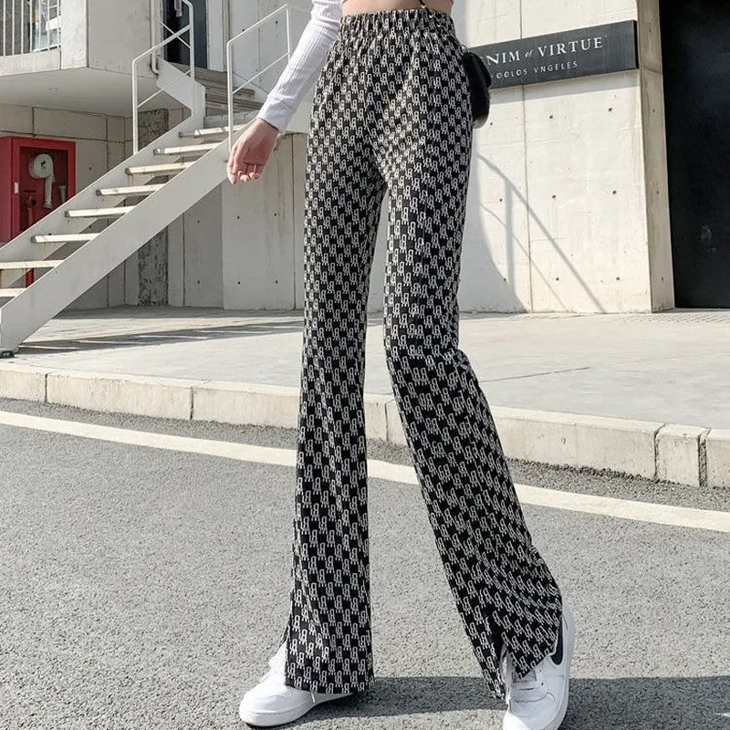 

Брюки женские клеш в клетку, клетчатые черные классические штаны с эластичным поясом, универсальный размер, одежда в стиле Харадзюку 90-х