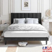 Upholstered Platform Bed Frame Full Size Heavy Duty Metal Wood Slats with Rivet Decor Vertical Channel Headboard No Box Spring 1