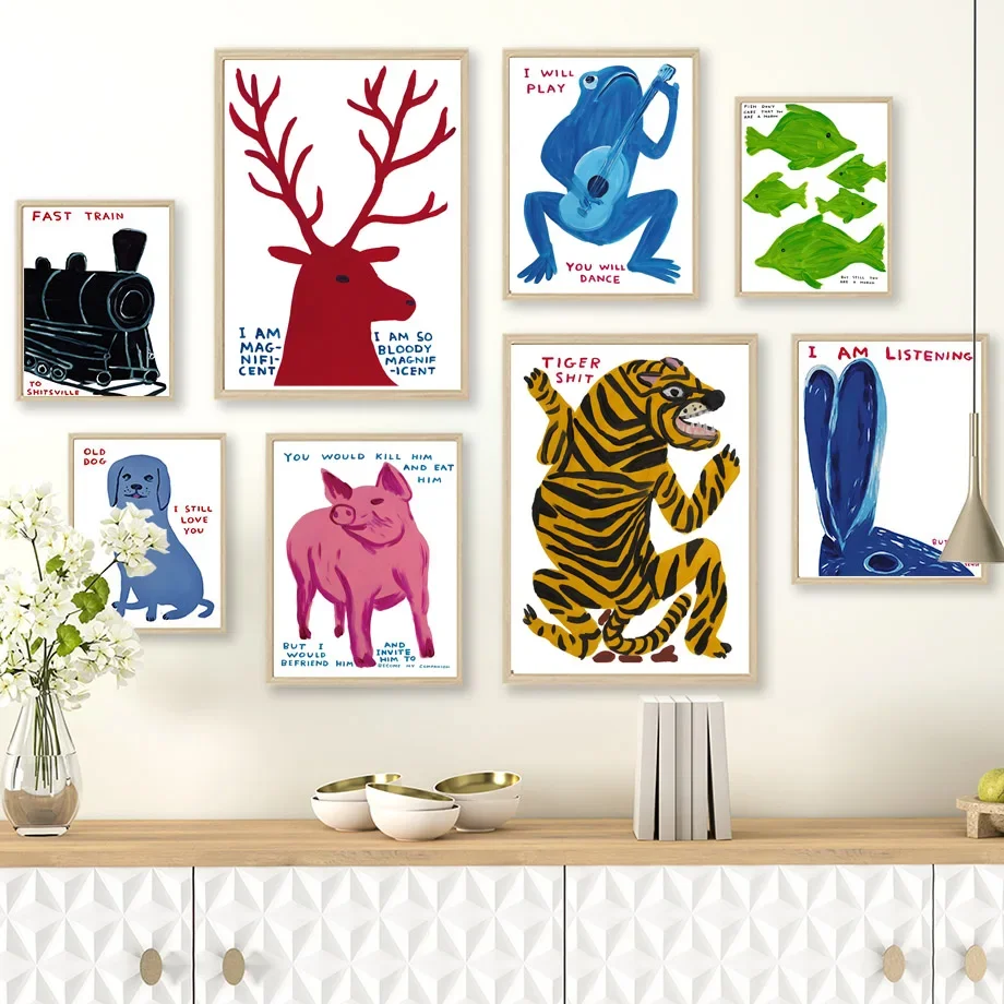 David Shrigley Tiger Penguin Deer Frog Rabbit Wall Art Nordic Poster Stampe Su Tela Pittura Immagini A Parete Per Soggiorno Decor