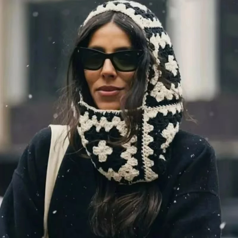 Autumn Winter Balaclava Hats for Women Handmade Crochet Knitted One-Piece Beanies Retro Floral Square Woolen Caps Earflap Bonnet 2