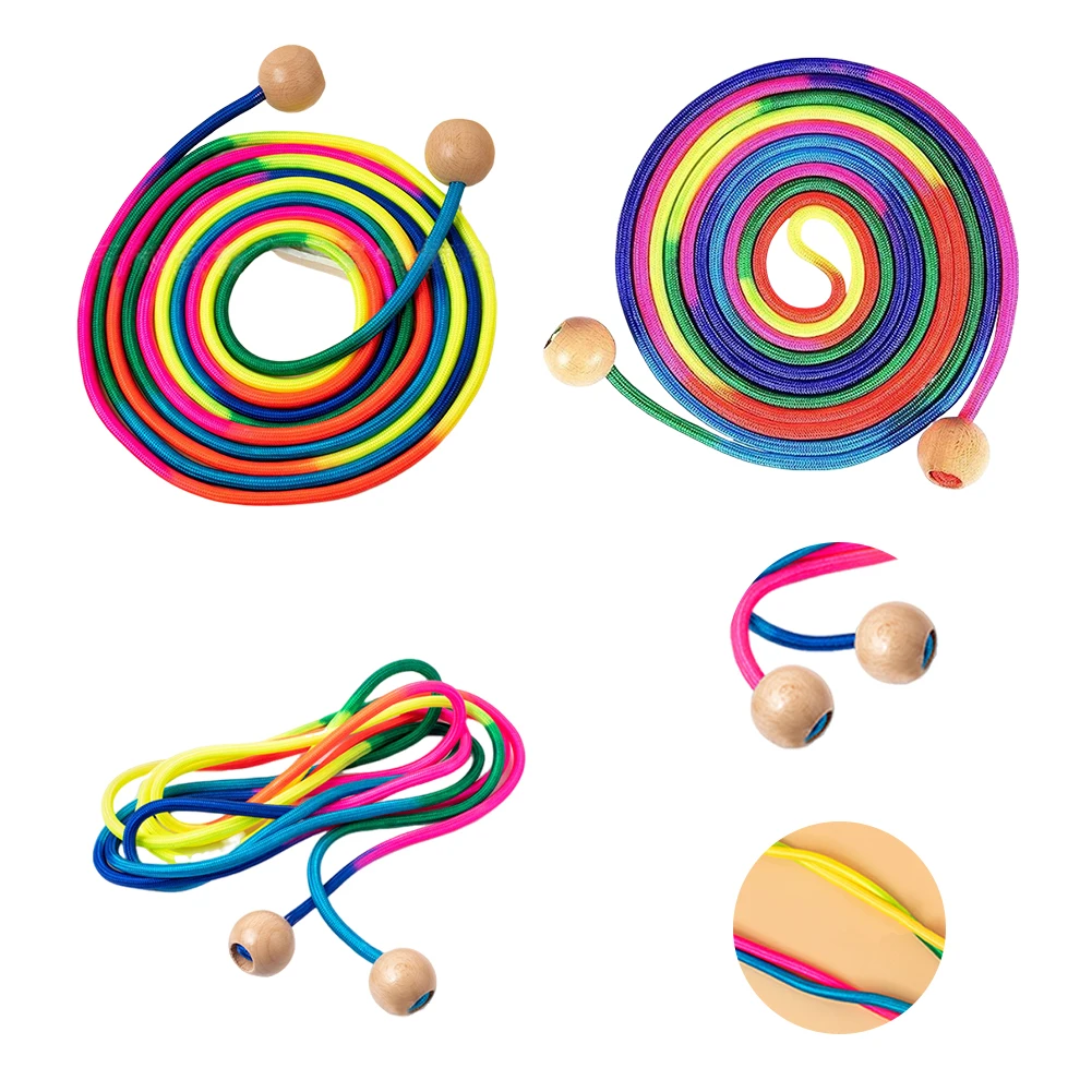 5m Rainbow Long Rope Group Skipping Rope Wooden Ball Handle Multiplayer ...