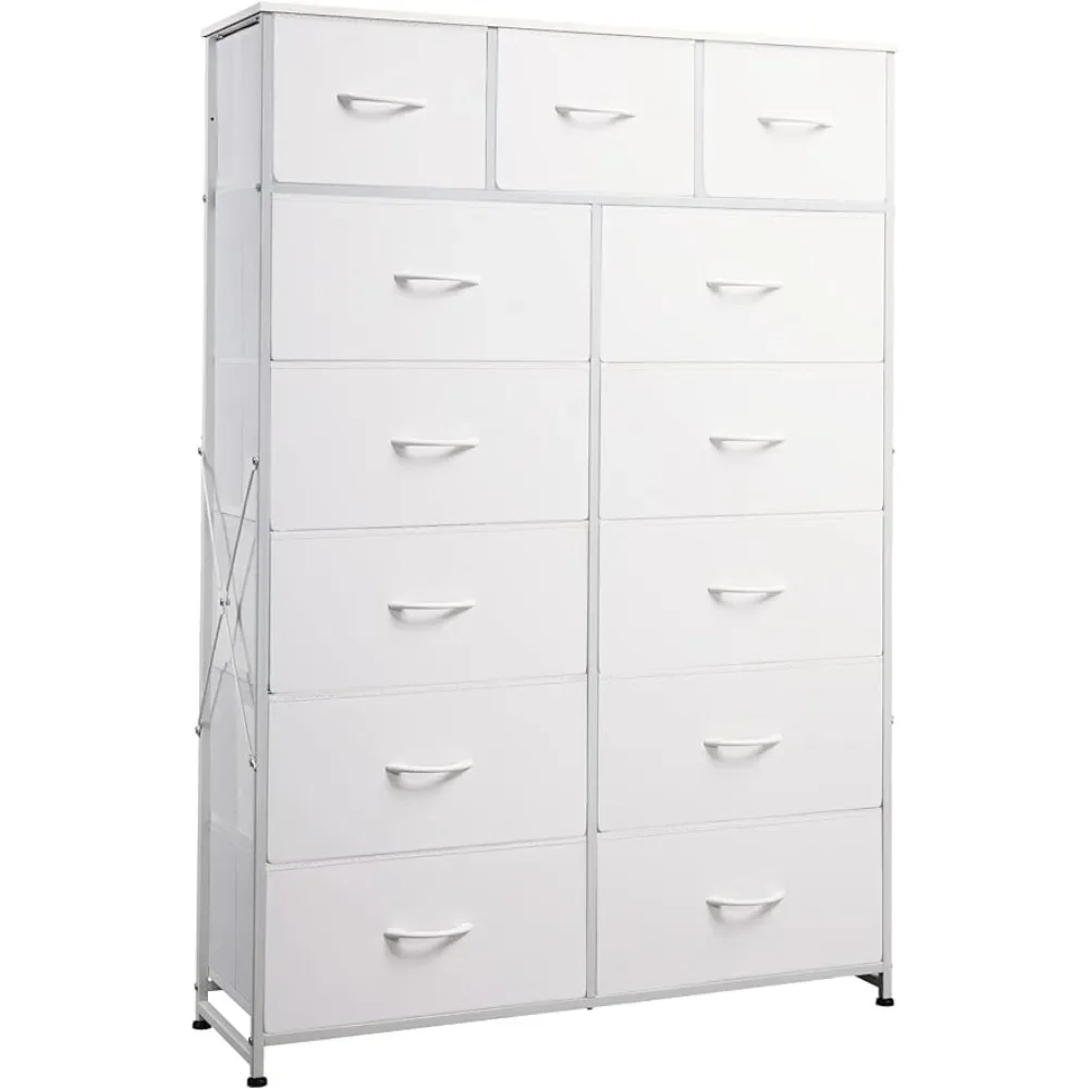 

Steel Frame Make Up Table Tall Dresser for Bedroom With 13 Drawers White Vanity Organizer Chest of Drawers With Fabric Bins Desk