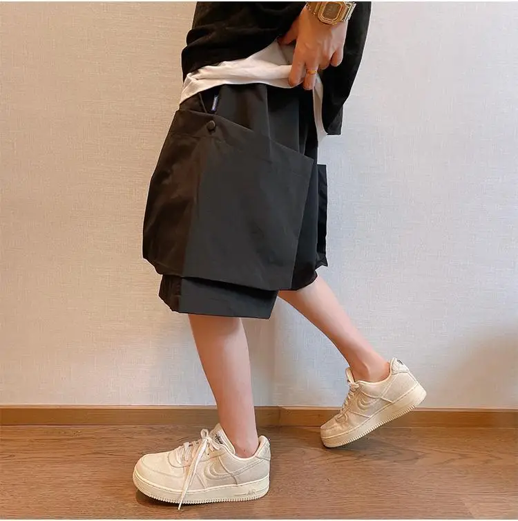 Men Trendy Casual Streetwear Hip Hop Big Pocket Design Cargo Short Pants Y2K 2024 Summer Youth Solid Oversize Baggy Beach Shorts