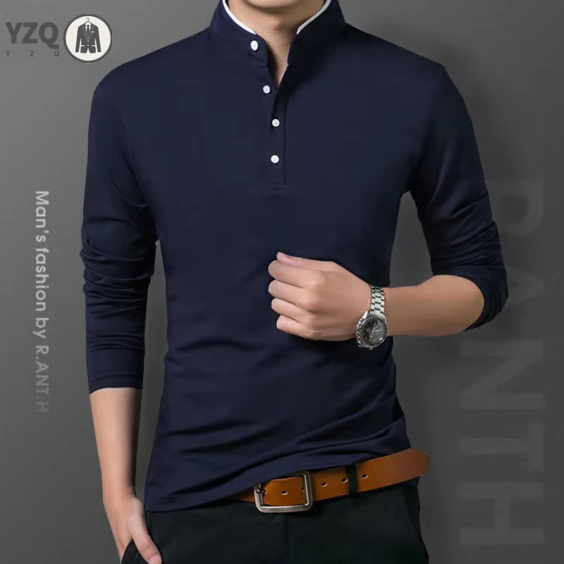 Men's Business Casual Polo Long Sleeve T-shirt Summer Comfortable and Breathable Solid Cotton All Season VersatileTop