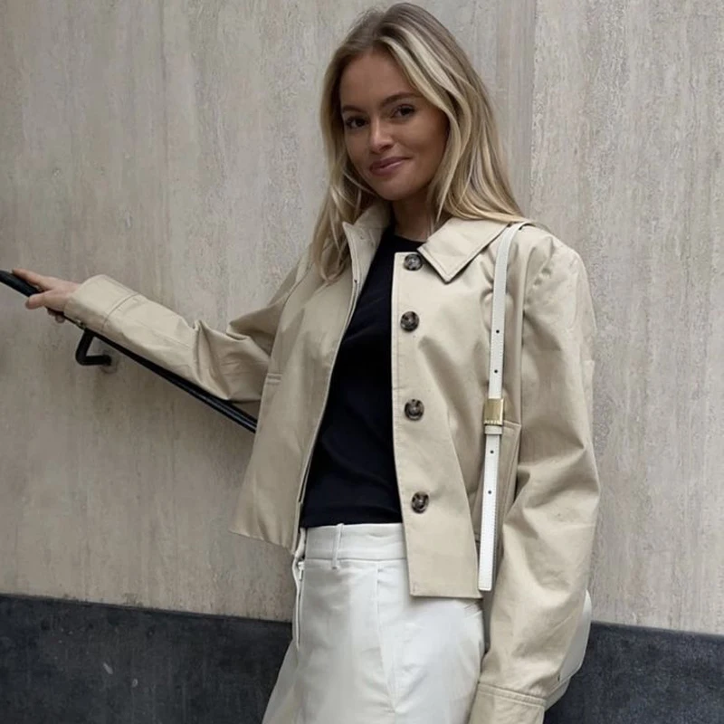 MUJER Women's Trench Coat Cropped Demi-season Jacket for Women Outerwears Short Women's Windbreaker Button Outdoor Coats Ladies - 5