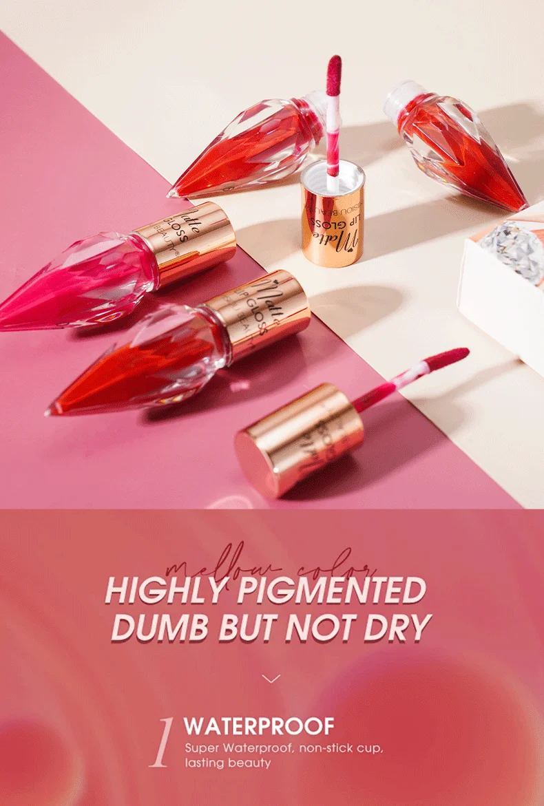 6 Pcs Diamond Matte Liquid Lipstick Set, Non-Stick Cup and Not Fade Pigmented, Long-Lasting Waterproof Velvet Lipgloss Makeup