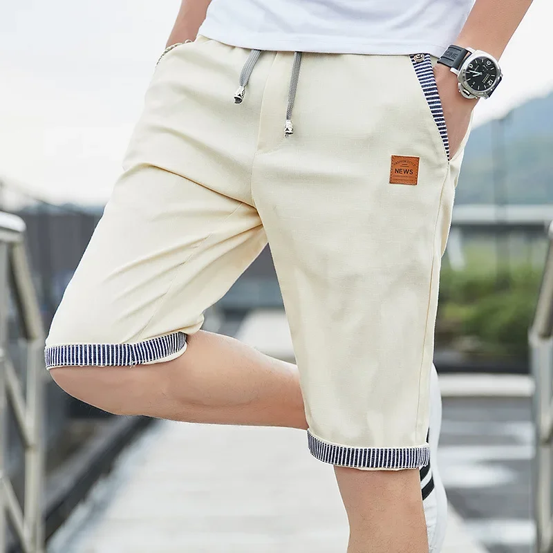 thumbnail image 1 of Pantalones cortos de lino y algodón para hombre, pantalones casuales con cordón, pantalones casuales sólidos, pantalones cortos de playa de talla grande para hombre, nuevos pantalones cortos de verano, 1 of 5