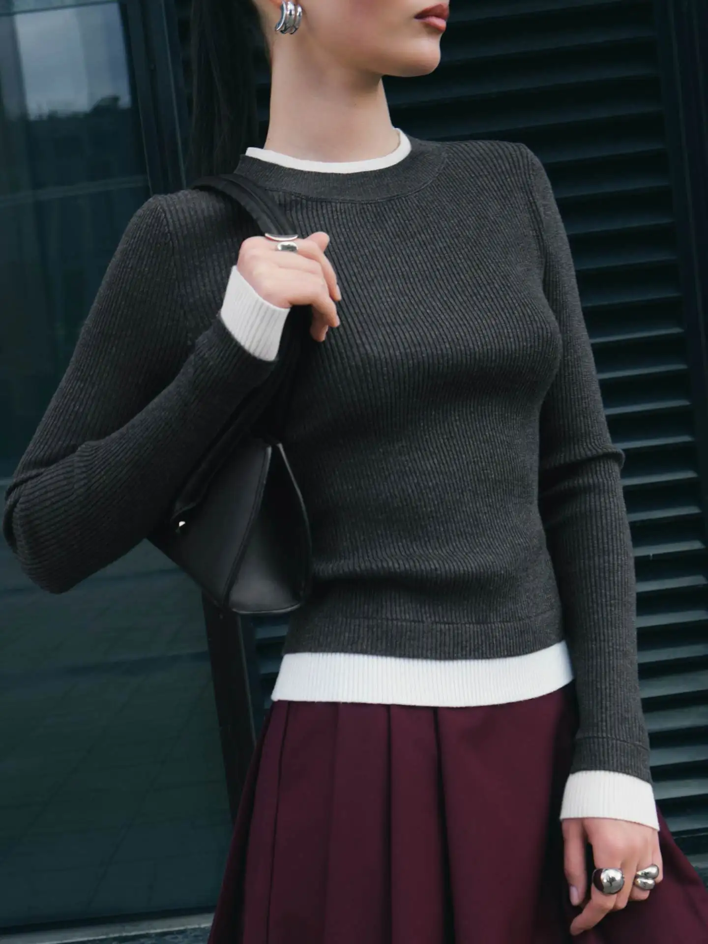 Autumn Knit Sweater Pullover For Women Ribbed Patchwork Long Sleeve Slim Lnner Inner Top Streetwear Female Knitwear Top