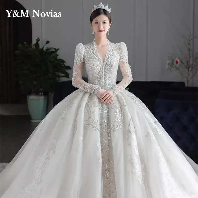 Customized Luxury Bedad Long Sleeve Winter Wedding Dress 2025 New V Neck Vestido De Noiva For Bride Gown Plus Size Floor Length 2