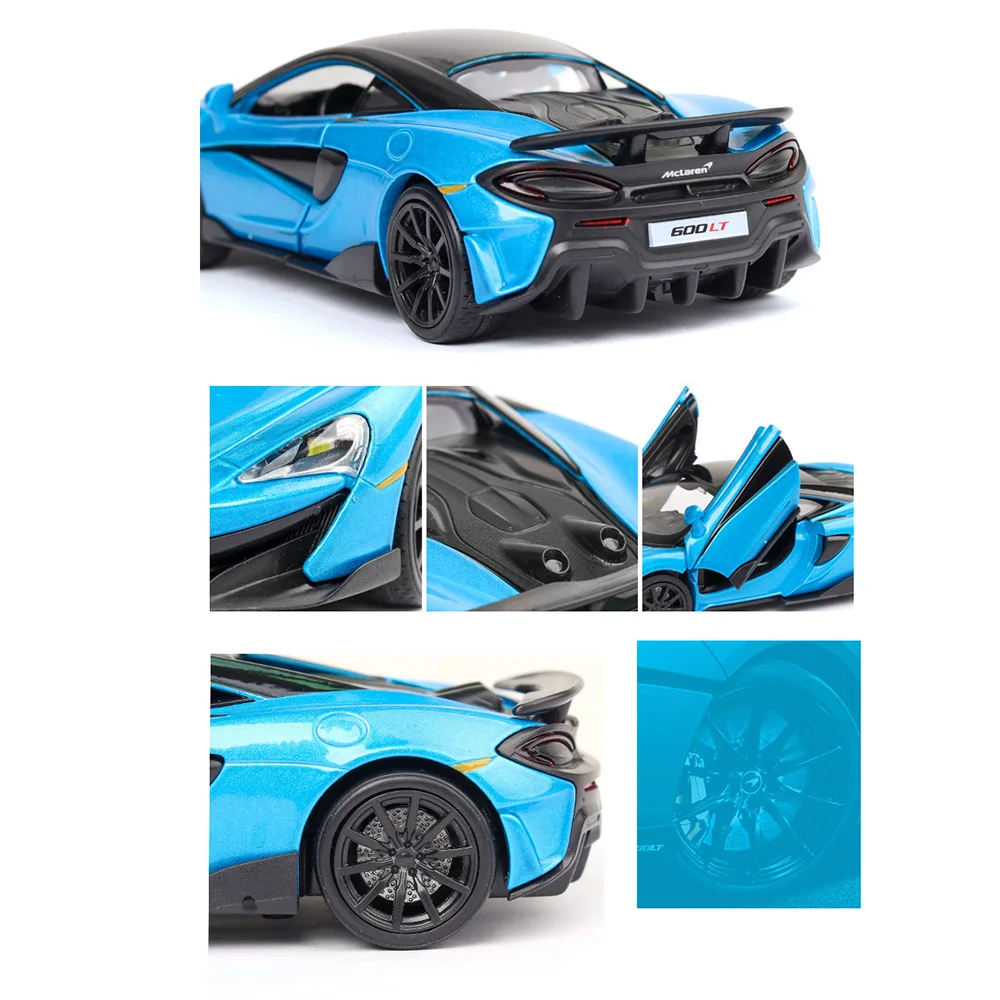 1:32 McLaren 600LT 장난감 모델 합금 다이캐스트 자동차 소리와 빛 3 도어 열림 풀백 기능 어린이 선물용 장난감 차량