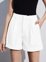White Women's Oversized Woven Solid Color Casual Shorts Comfortable Loose Fit High Waist Knee-Length Summer Fashion White - Image 3