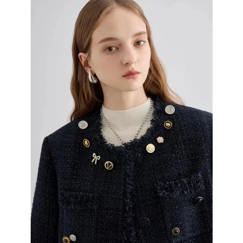 Winter Luxury Style Buttons Decorate Design Round Neck Jacket Fringe Trim for Women Casual Fashion Elegant Chic Coats_voghion.com