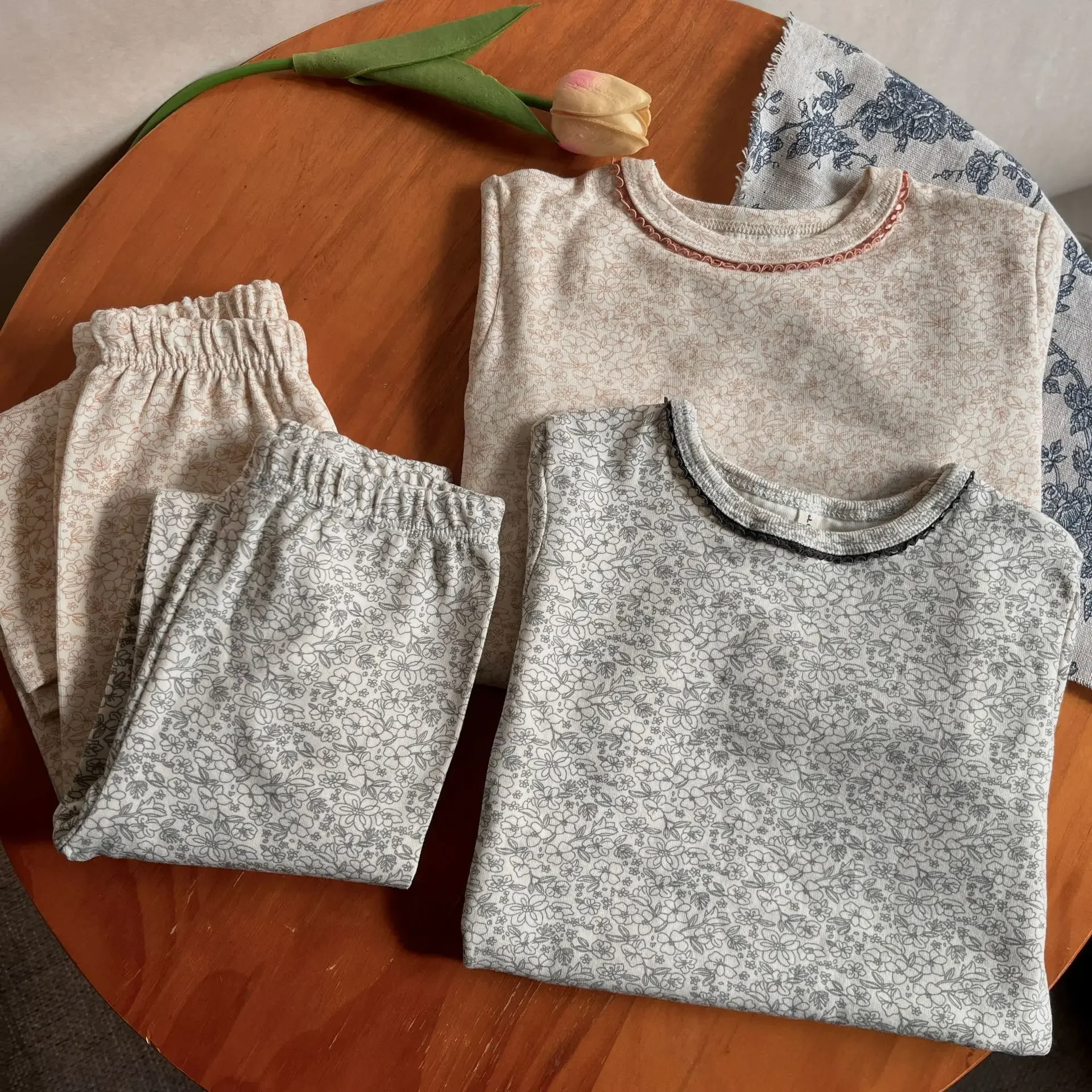 

Children Clothing 2024 Spring Girls New Floral Lace Collar Contrasting Color Korean Style Home Wear Kids Two Piece Set