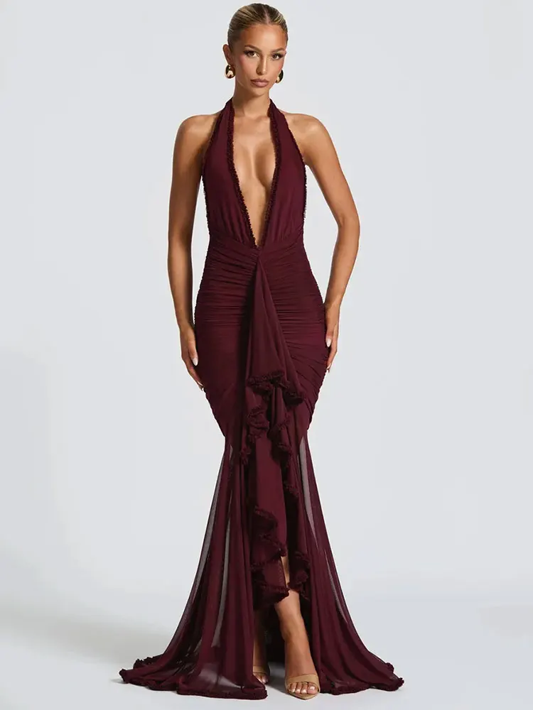 white christmas dresses Chocolate Halter Crisscross Cut Out Ruched Dress – Hot Miami Styles main image 1